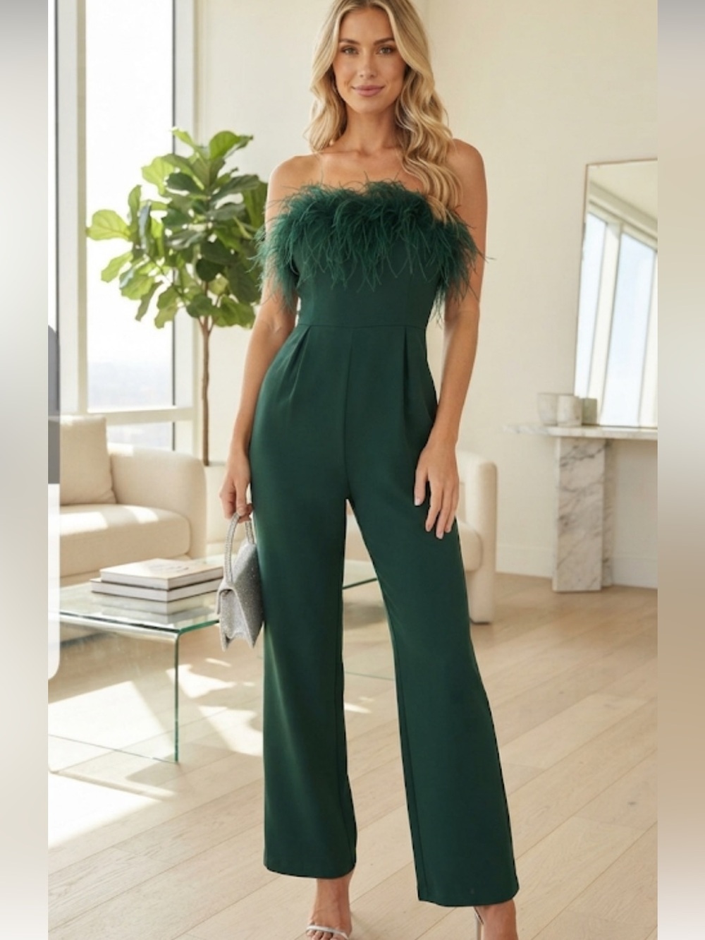 New Crystal Sky BORN TO PARTY feather greenjumpsuit, size M